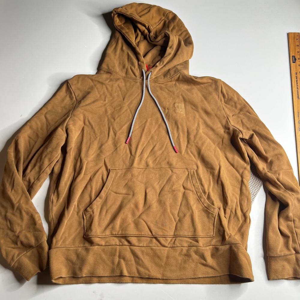Topo Designs Mens Large Pullover Hoodie Brown French Terry Logo Sweatshirt